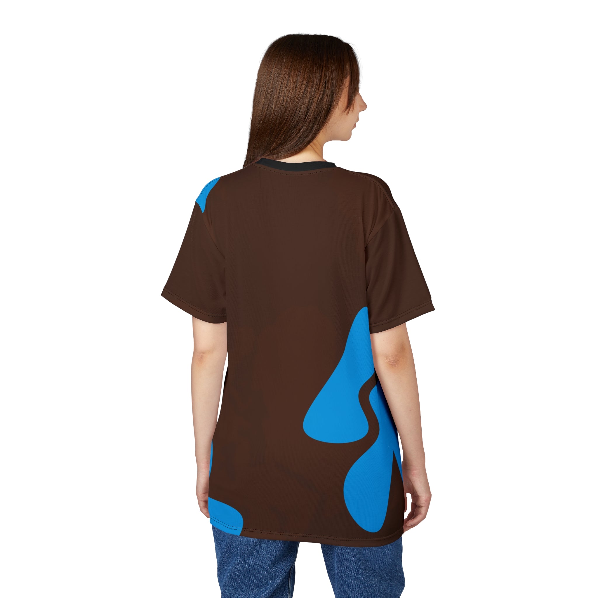 Abstract Blue Splash T‑Shirt — All‑Over Print Brown Tee