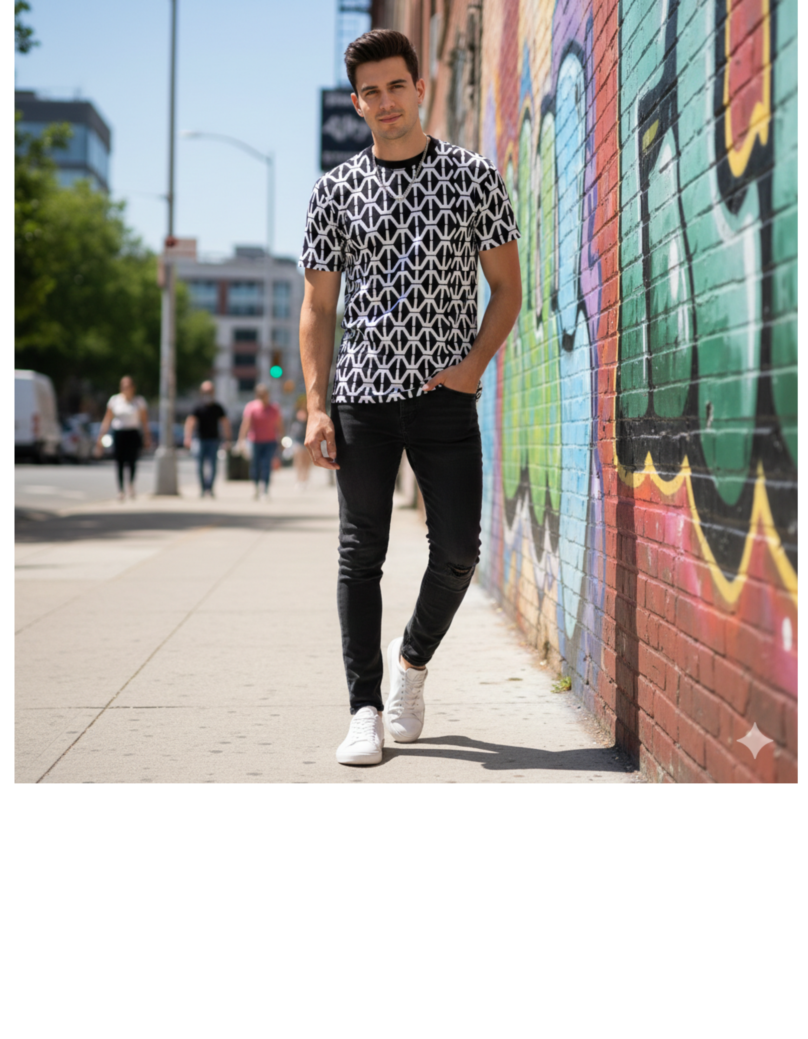 ENYSSA STUDIO Black & White Geometric All-Over Print Tee — Modern Pattern AOP T-Shirt