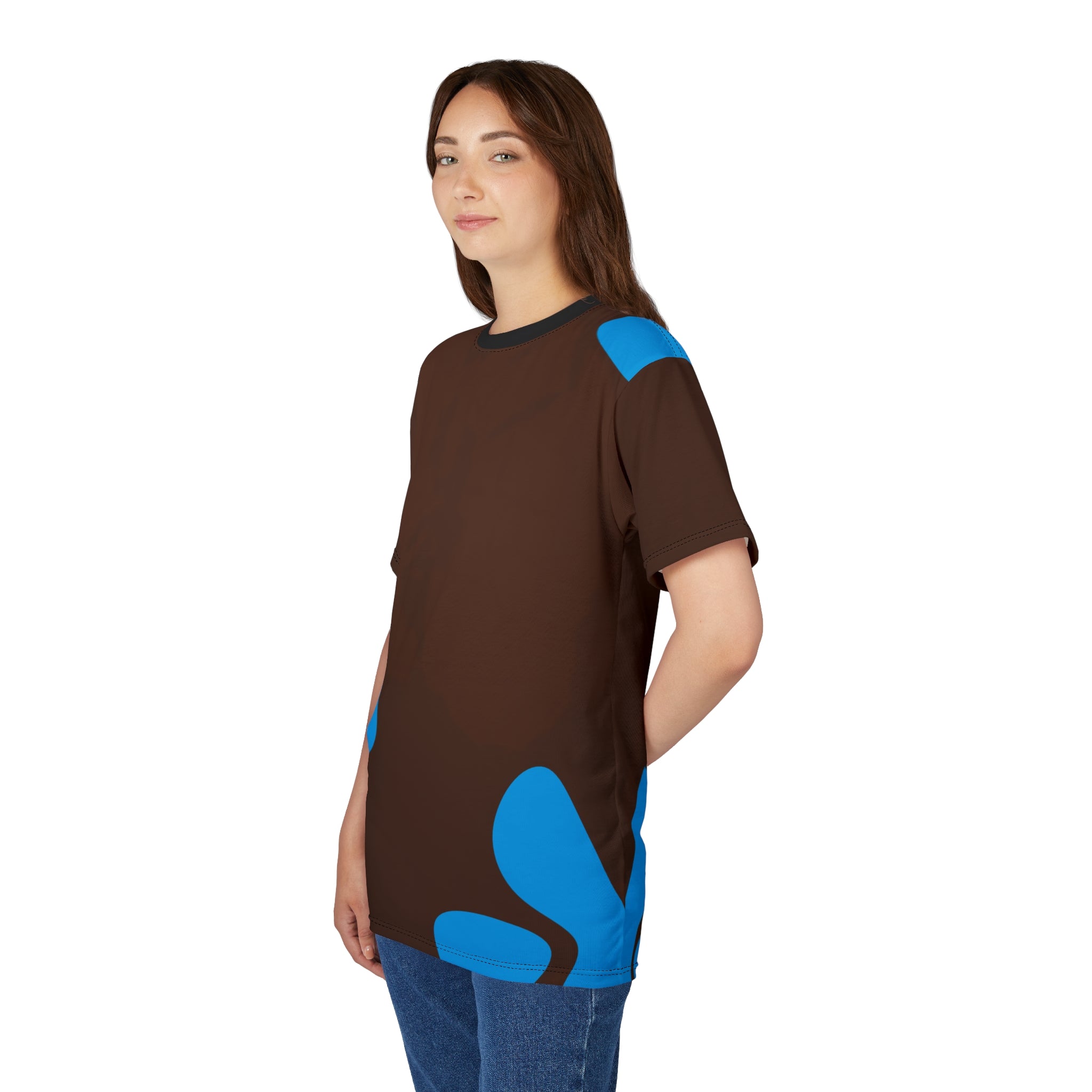 Abstract Blue Splash T‑Shirt — All‑Over Print Brown Tee