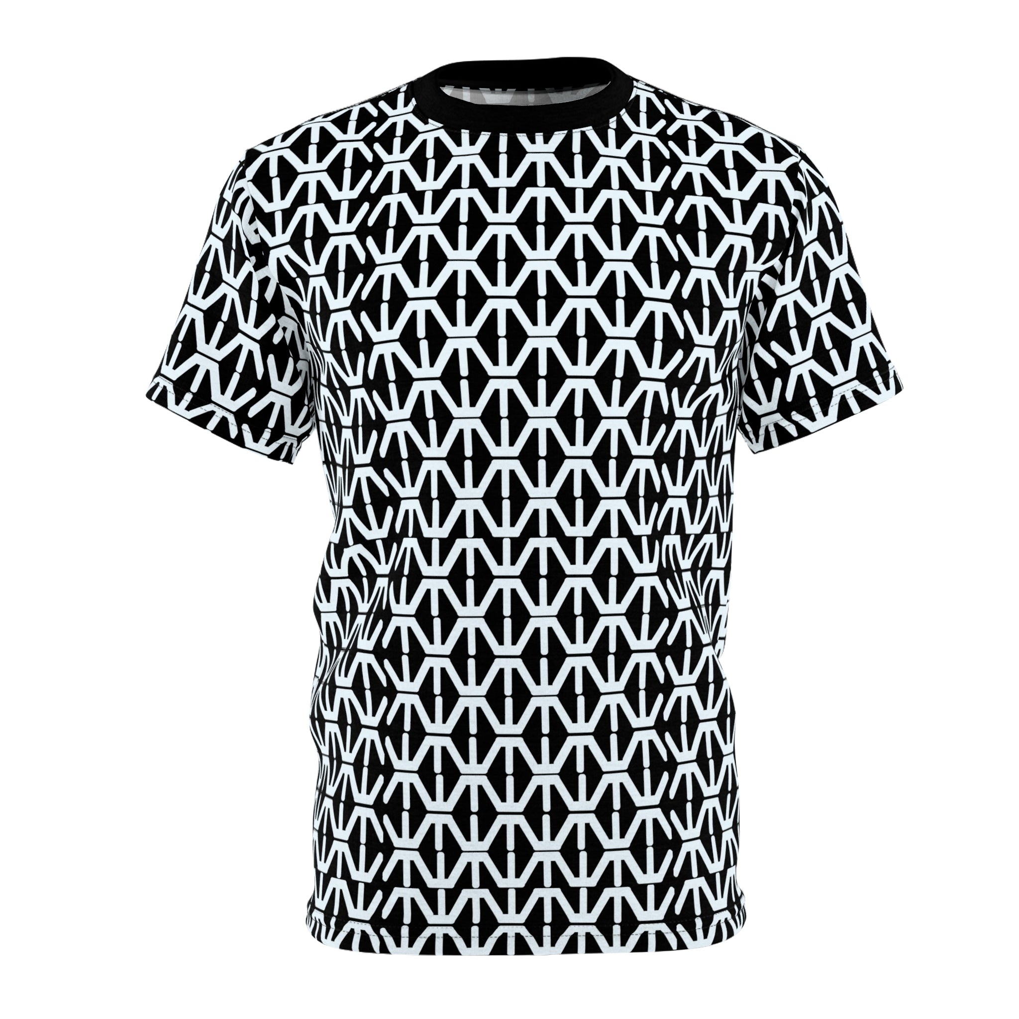 ENYSSA STUDIO Black & White Geometric All-Over Print Tee — Modern Pattern AOP T-Shirt