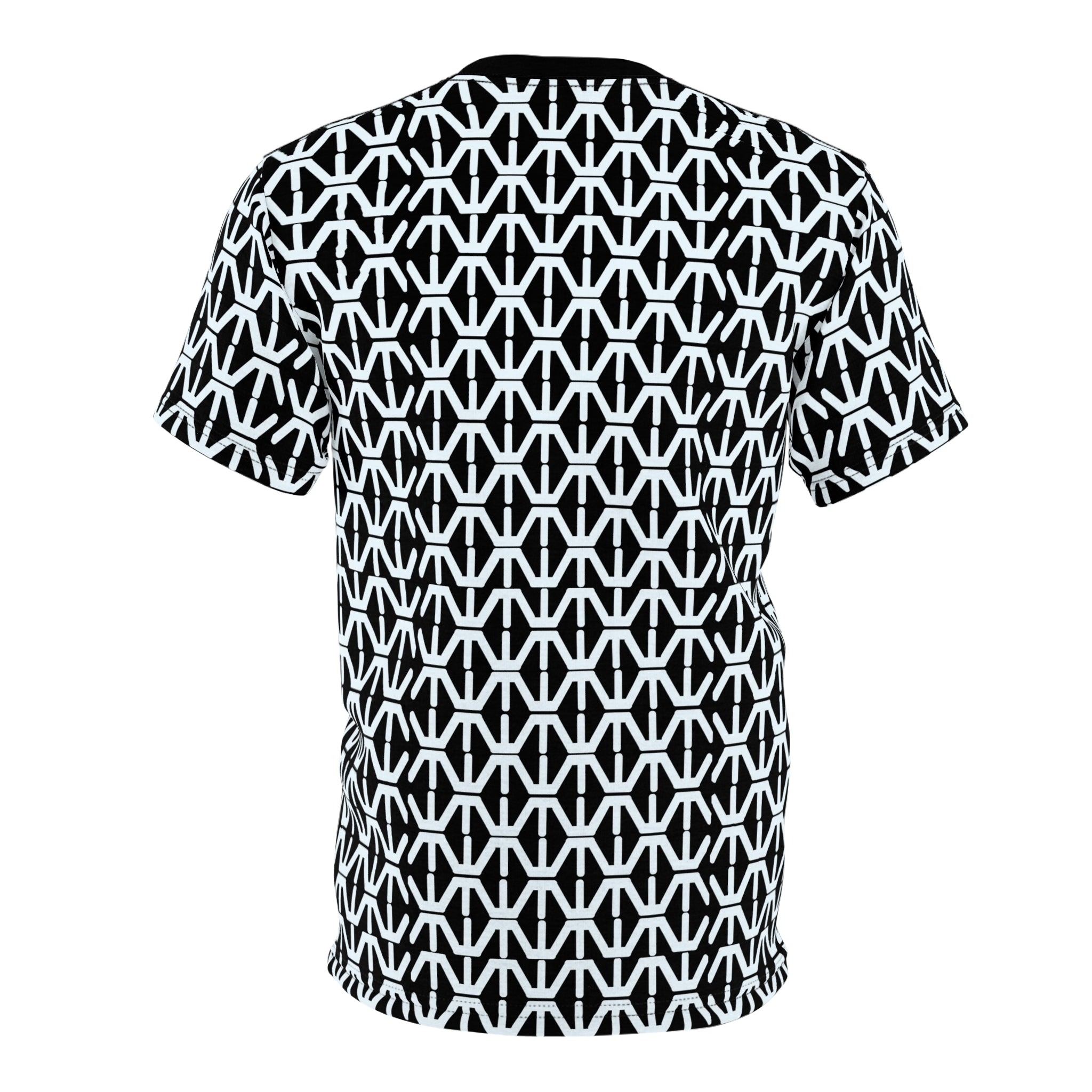 ENYSSA STUDIO Black & White Geometric All-Over Print Tee — Modern Pattern AOP T-Shirt